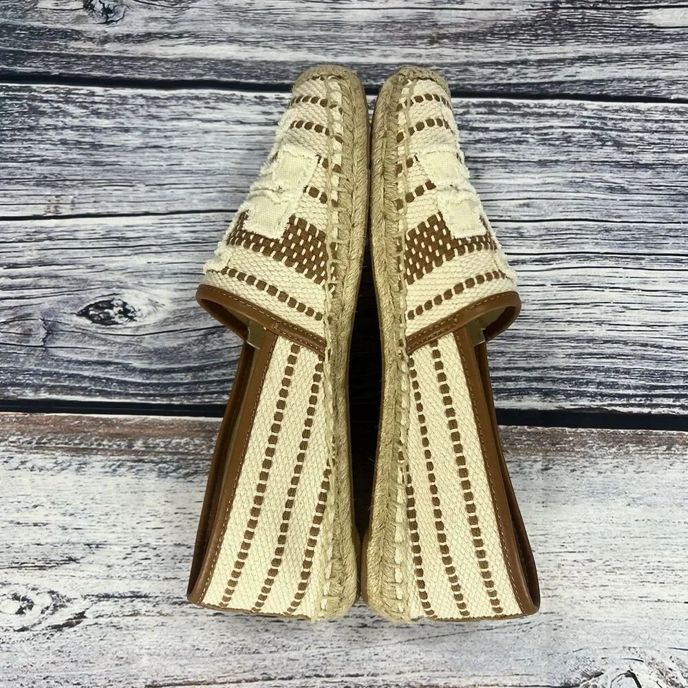 NEW Tory Burch Shaw Espadrille White Tan Logo Canvas Flats Women’s Size 10